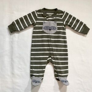 Carter - Just One You - newborn, green stripe zipper with raccoon on feet.